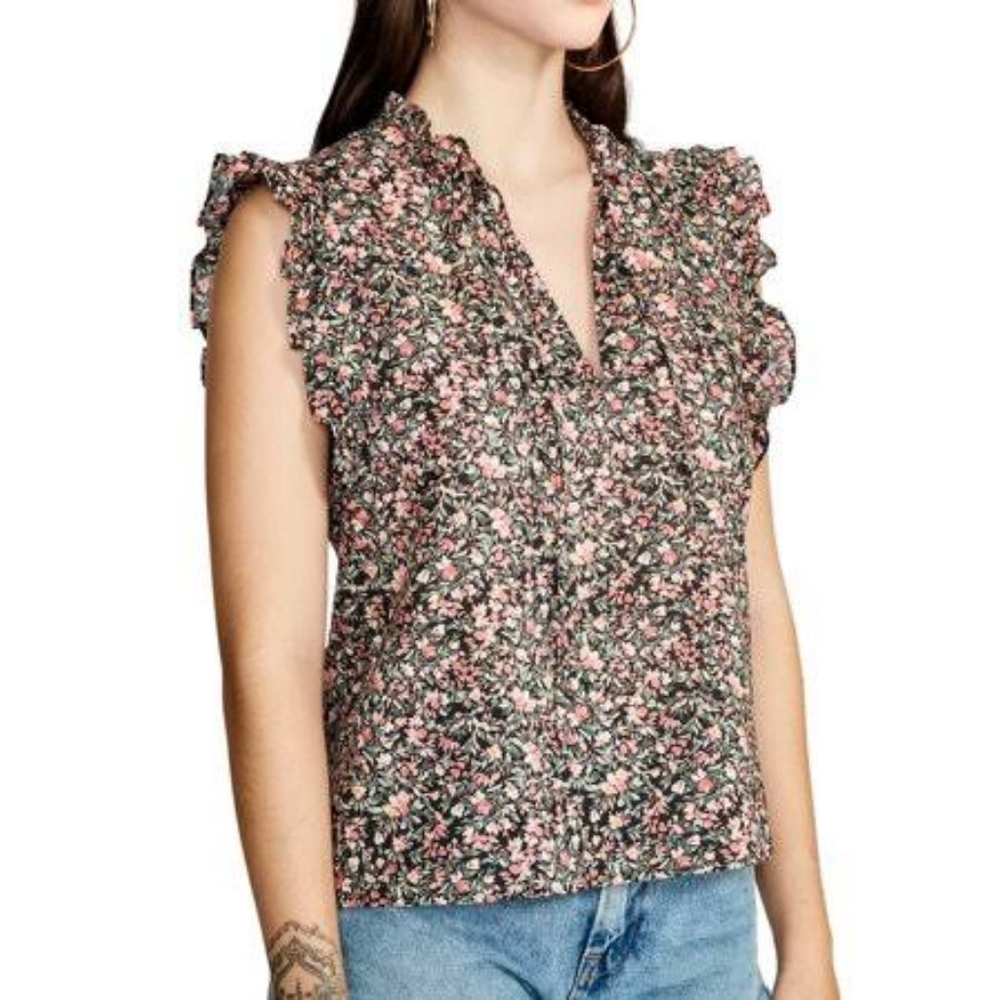 BB Dakota Steve Madden Black Multicolored Ditsy Floral Ruffle Tank Top